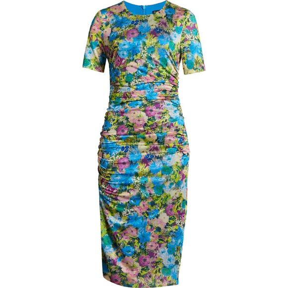 Black Halo Delina Print Ruched Midi Sheath Dress size 8 New with Tags - Picture 2 of 10